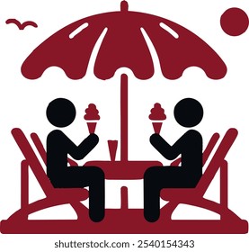 Romantic smart couple loving Under Beach Umbrella and Eating Ice-Cream