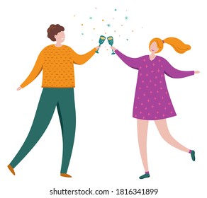 Romantic smiling couple young guy and girl are holding glasses of champagne. Cute joyful friends celebrating together, drink alcohol. Colorful vector illustration in flat cartoon style.