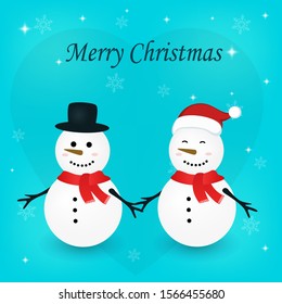Romantic snow couples use red scarf in winter. Merry Christmas greeting card. Blue background vector. That looks happy.
