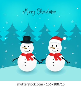 Romantic snow couples use red scarves in nature. Christmas greeting card. Blue background vector.