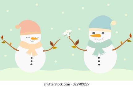 romantic snowman giving flower to cute snowlady lovely vector illustration