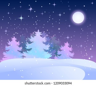 Romantic snowy winter evening landscape with firs, coniferous forest, falling snow, stars and moon on the sky. Beautiful background for Christmas holidays.  Vector illustration.