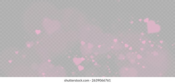 Romantic soft pink hearts with bokeh particles and transparent light glow on transparent background. Use for Valentine's Day themes, romantic overlays.