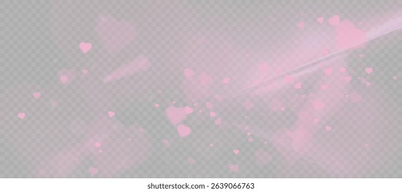 Romantic soft pink hearts with bokeh particles and transparent light glow on transparent background. Use for Valentine's Day themes, romantic overlays.