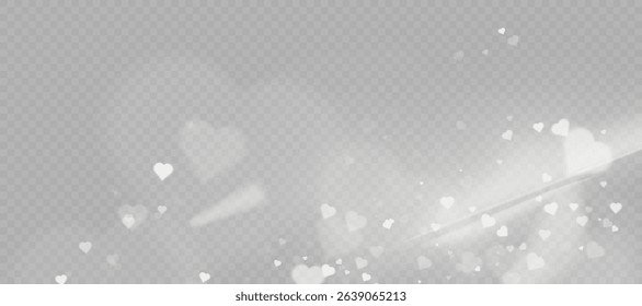 Romantic soft white hearts with bokeh particles and transparent light glow on transparent background. Use for Valentine's Day themes, romantic overlays.