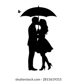 Romantic solid black silhouette of a loving couple kissing under an umbrella
