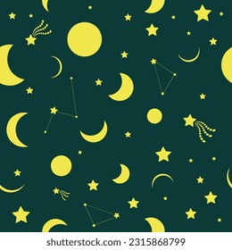 Romantic space seamless pattern, night vector illustration, zodiac cartoon style design. Mysterious print with moon, stars and comet, simple textile desigh, solar system icon