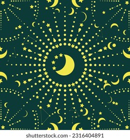 Romantic space seamless pattern, night vector illustration, zodiac cartoon style design. Mysterious print with moon and stars , simple textile desigh, solar system post card