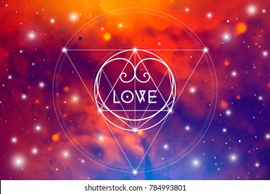 Romantic space Valentine greeting card with geometric sacred geometry  hipster style heart on colorful cosmos background.