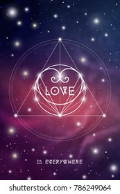Romantic space Valentine greeting card with geometric sacred geometry  hipster style heart on colorful cosmos background.