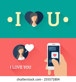 Romantic speech bubble with heart and smartphone with love message in flat design. Vector illustration