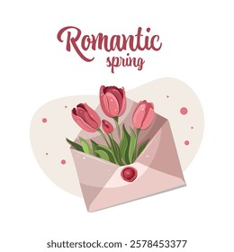 Romantic spring. 8 march. Envelope with letter with flowers. Pink tulips. Spring flowers, Easter. Vector illustration for poster, banner, card, postcard.