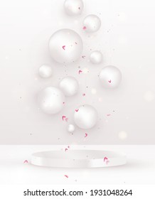 Romantic spring background.Scene mockup with podium, white spheres, flying flower petals. Concept for promocional cosmetics. Vector. 