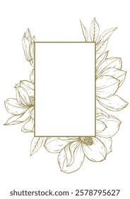 Romantic spring cover design and page frames. A golden bouquet of magnolias with a linear pattern on a white background. A golden background for an elegant invitation or postcard.

