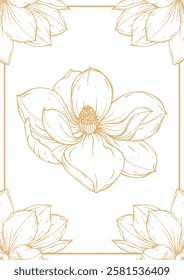 Romantic spring cover design and page frames. A golden bouquet of magnolias with a linear pattern on a white background. A golden background for an elegant invitation or postcard.
