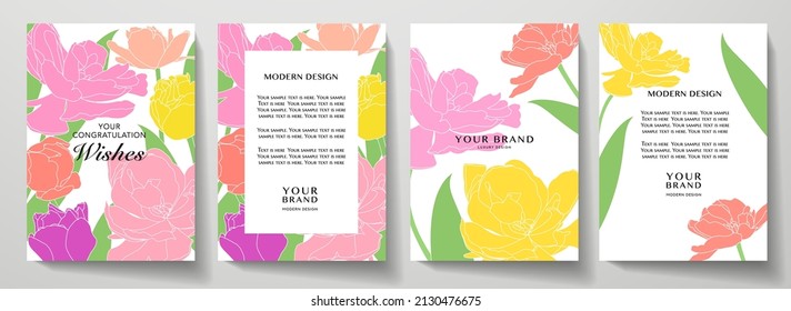 Romantic spring cover and frame page design set with multi color tulip flower bouquet. Summer vector background pattern for wedding invitation, menu, summer sale, holiday poster