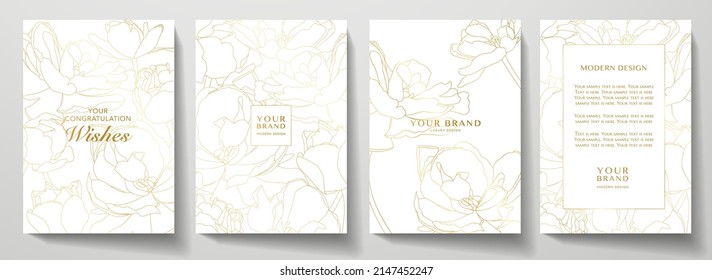 Romantic spring cover and frame page design set. Gold tulip flower bouquet with line pattern on white. Golden summer vector background for elegant wedding invitation, menu, sale, holiday spring poster