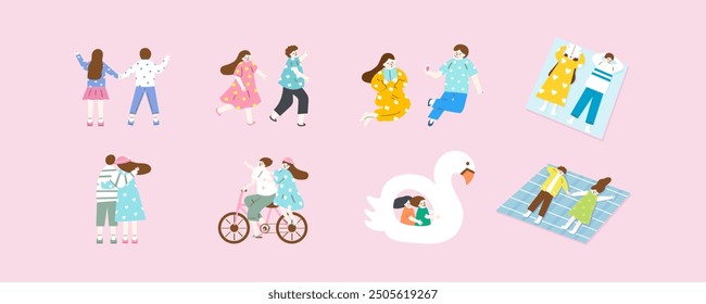 Romantic Spring Date Vector Set - Cute Couples Biking, Picnicking, and Boating