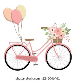 Romantic spring floral pink bike with colorful balloons. Isolated on white background. Spring retro bicycle. Vector illustration.