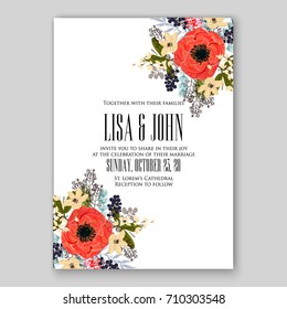 Romantic Spring floral of rustic flowers background for wedding invitation vector template card. Red Poppy, ranunculus, peony.