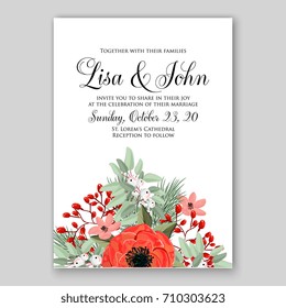 Romantic Spring floral of rustic flowers background for wedding invitation vector template card. Red Poppy, ranunculus, peony.