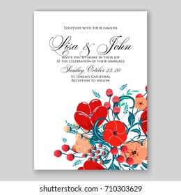 Romantic Spring floral of rustic flowers background for wedding invitation vector template card. Red Poppy, ranunculus, peony.