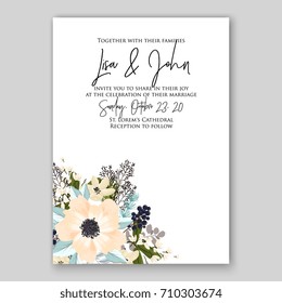 Romantic Spring floral of rustic flowers background for wedding invitation vector template card cream ranunkulus anemone