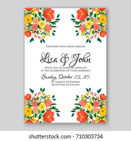 Romantic Spring floral of rustic flowers background for wedding invitation vector template card. Red Poppy, ranunculus, peony.