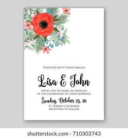 Romantic Spring floral of rustic flowers background for wedding invitation vector template card. Red Poppy, ranunculus, peony.