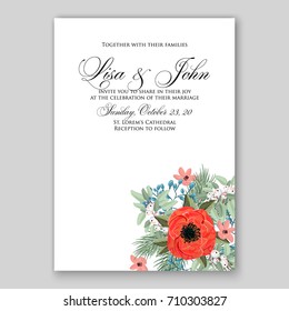 Romantic Spring floral of rustic flowers background for wedding invitation vector template card. Red Poppy, ranunculus, peony.