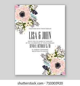 Romantic Spring floral of rustic flowers background for wedding invitation vector template card cream ranunkulus anemone