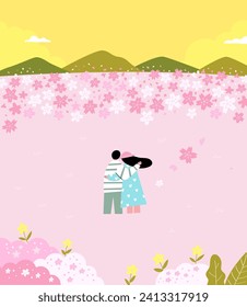 Romantic Spring Hug - Couple Embracing in a Beautiful Flower Field at Sunset. Love and Romance in Blooming Spring Nature