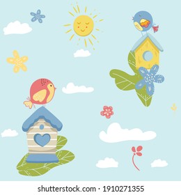Romantic spring pattern with birds, flowers sun. Seamless pattern can be used for wallpapers, pattern fills, web page backgrounds, surface textures.