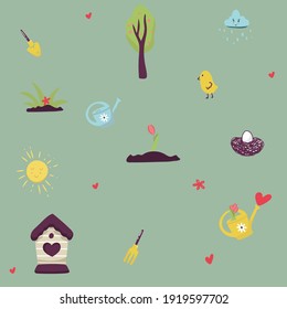 Romantic spring pattern with birds, flowers sun. Seamless pattern can be used for wallpapers, pattern fills, web page backgrounds, surface textures.