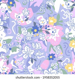 Romantic spring print on violet background. Seamless vector pattern in repeat. Vintage print with small inflorescences. Retro textile design collection.