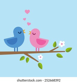 romantic spring scene, two birds singing in minimalistic style with hearts above