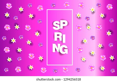 Romantic spring vector background in purple pink color with white flowers in cartoon style for greeting card design, poster or flyer happy mothers day
