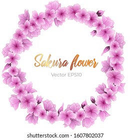 Romantic spring wreath with japanese sakura flowers. Vector hand drawn illustration of cherry blossom flower isolated on white background. Circlet banner with sakura flowers. Place for text. 