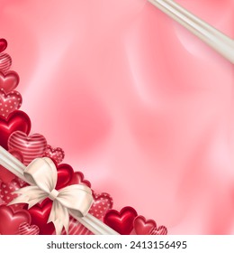 Romántico cartel cuadrado vacío o tarjeta de saludo con 3d brillante varios corazones y una realista seda blanca sobre fondo blurdo rosa suave con espacio de copia para texto. Feliz diseño en blanco del Día de San Valentín
