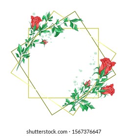 Romantic square frame with beautiful rosebuds and watercolor stains. Vector decorative holiday template for text or photo.