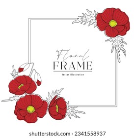 Romantic square frame with red poppies. Floral design for labels, branding business identity, wedding invitation. Vector illustration.