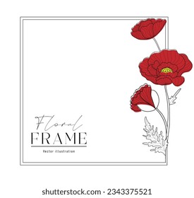 Romantic square frame with red poppies. Floral design for labels, branding business identity, wedding invitation. Vector illustration.