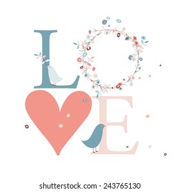 Romantic St Valentine postcard with LOVE lettering and cute birds in delicate colors.