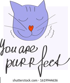 Romantic st Valentine's card with a purring cat saying that you are perfect, playing with words, funny, cute