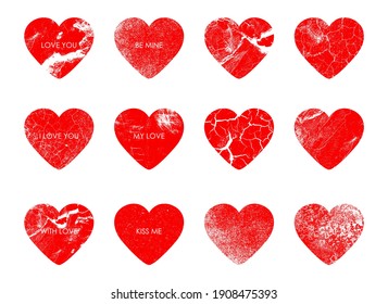 Romantic stamps hearts, a set of stamps for envelopes, postcards and letters. Valentine's Day, love letters. White background. Prints for postcards, letters and greetings. Red hearts