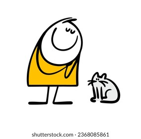 Romantic stick figure fat  woman has met a cat and is touched by her sweetness. Vector illustration of gray kitten and  sensitive Female stickman, an animal lover. Funny person on white background.