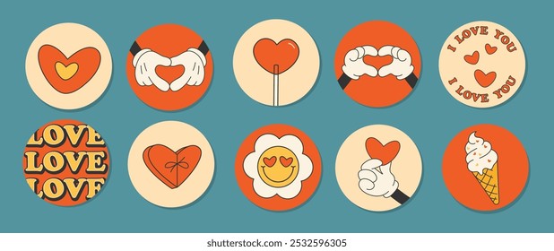 Romantic sticker pack with abstract funny cool shapes (heart, hands, flower, ice cream, love) in trendy retro Groovy, Y2K style for Valentine's Day. Isolated colored labels. Flat Vector EPS10