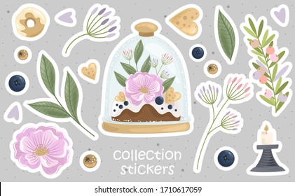 Romantic stickers with flowers, branches and cute elements. 