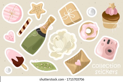 Romantic stickers with flowers, branches and cute elements. Printing on paper, fabric, and tableware. Vector illustration.
