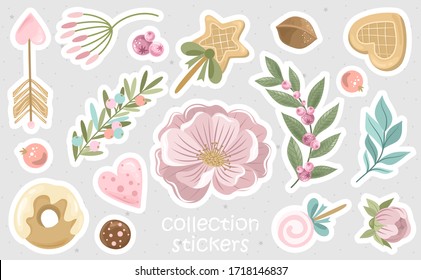 Romantic stickers with flowers, branches and cute elements. Printing on paper, fabric and tableware. Vector illustration. 
